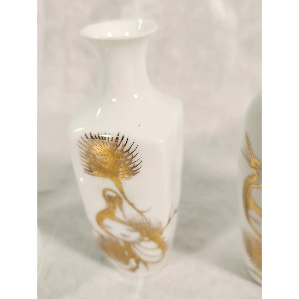 Vintage Jingdezhen Chinese Miniature Porcelain Bud Vase Set 5pc Gold Crane Box